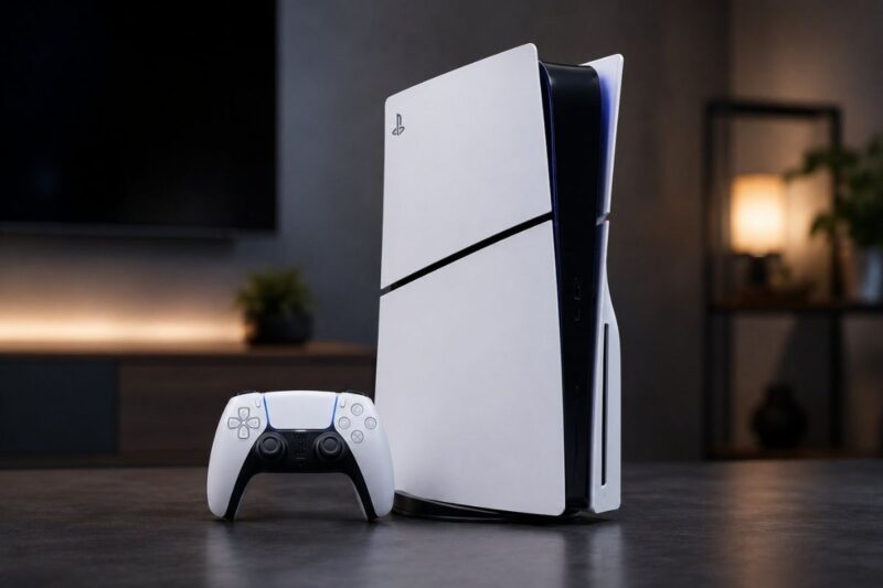 PS5, dzojstik i u pozadini televizor