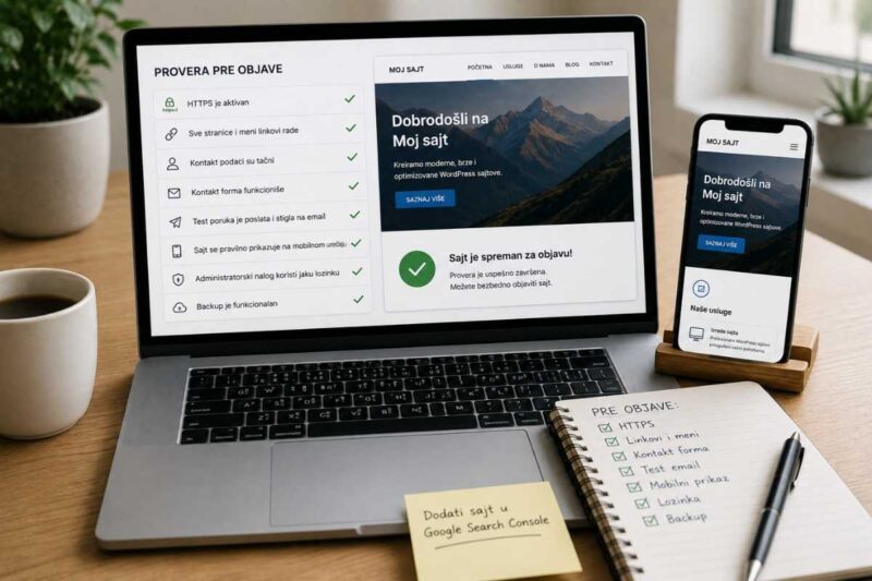 Provera WordPress sajta pre objave na laptopu i mobilnom telefonu radi testiranja funkcionalnosti, bezbednosti i prikaza na različitim uređajima.