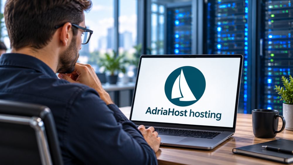 Korisnik pregledava AdriaHost hosting na laptopu pored serverskih ormara.