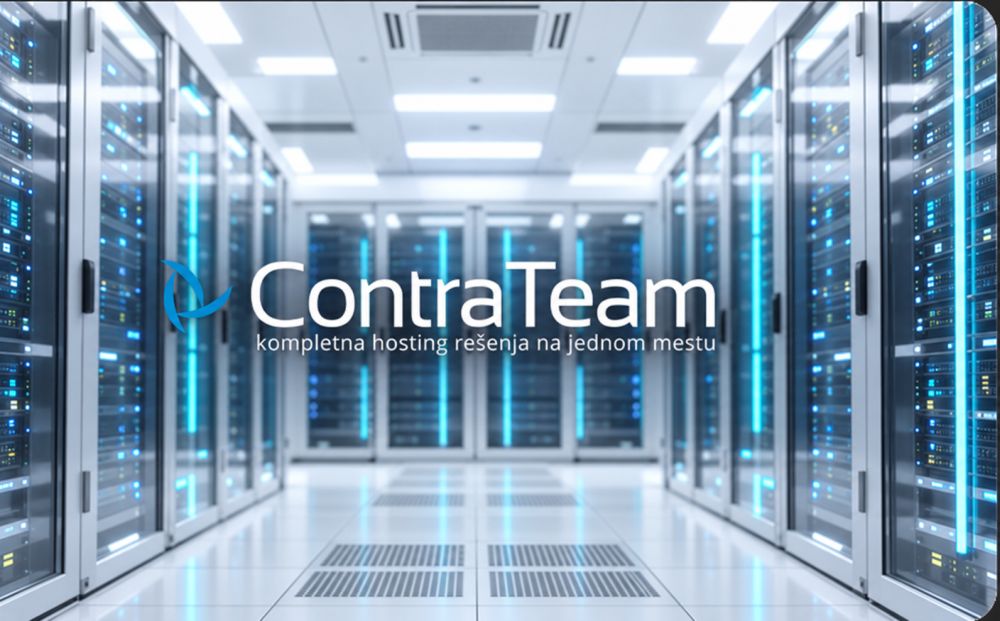 ContraTeam Hosting logo prikazan preko modernog data centra sa serverskim ormarima.