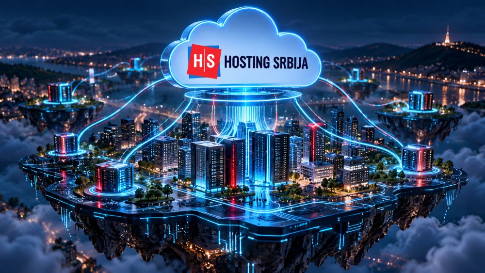 Logo Hosting Srbija iznad digitalnog grada povezanog sa cloud serverima.
