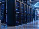 Serverski ormari u modernom data centru sa simbolom cloud hostinga.