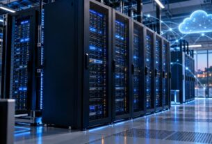 Serverski ormari u modernom data centru sa simbolom cloud hostinga.