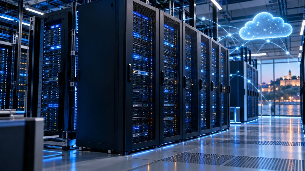Serverski ormari u modernom data centru sa simbolom cloud hostinga.