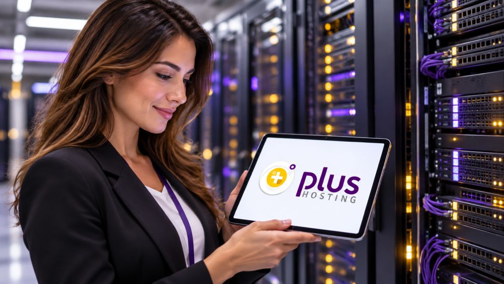 Žena drži tablet sa logotipom Plus Hosting u modernom data centru.