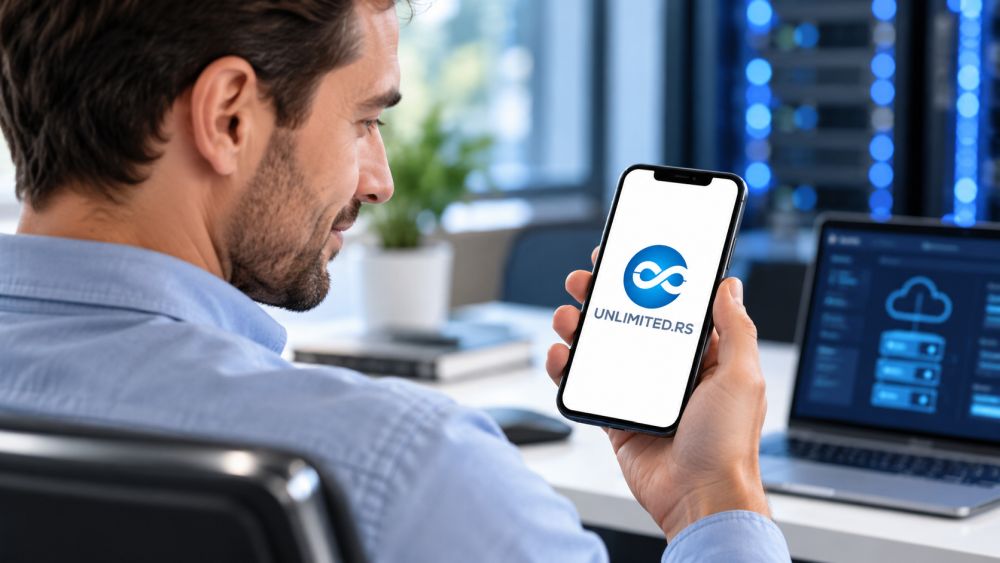 Muškarac gleda Unlimited.rs hosting logo na ekranu mobilnog telefona.